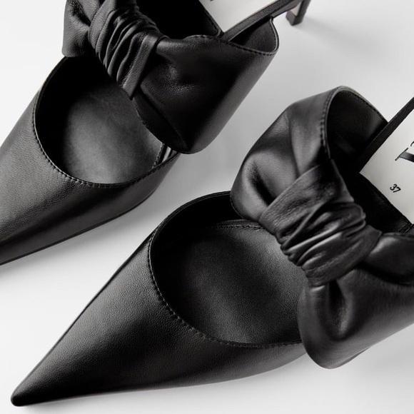 ZARA 100% LEATHER BLACK SLINGBACK HEELS WITH BOW NEW WITH TAGS US 6.5 EUR 37 - Picture 5 of 7